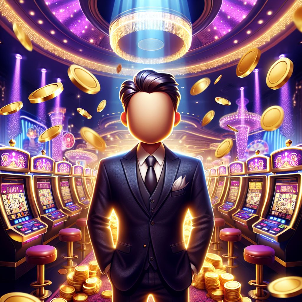 Bat1777 Casino themed character surrounded by slot machines and casino chips